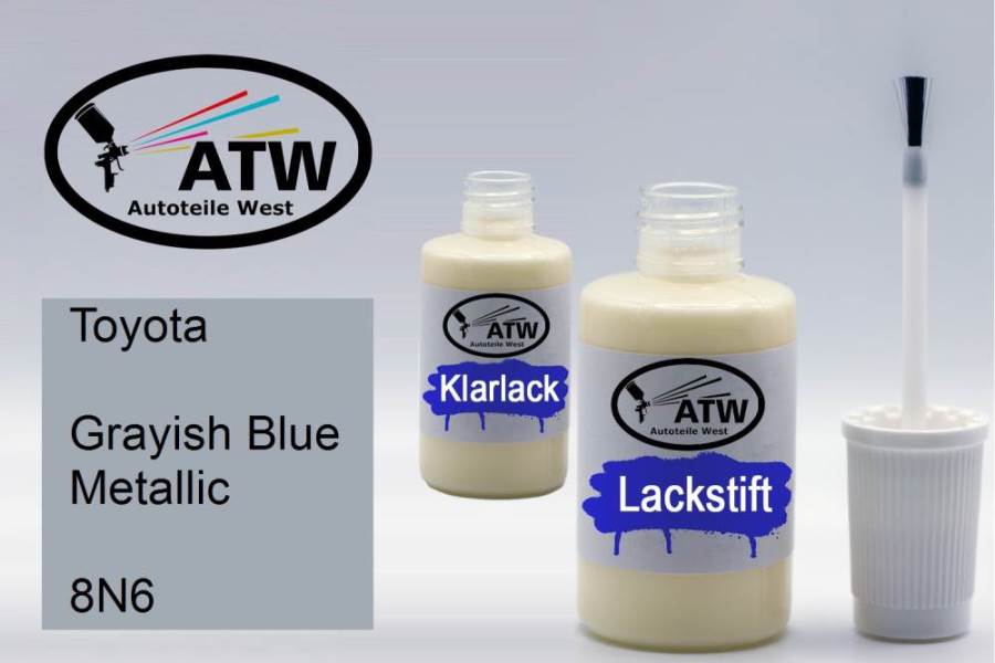 Toyota, Grayish Blue Metallic, 8N6: 20ml Lackstift + 20ml Klarlack - Set, von ATW Autoteile West.